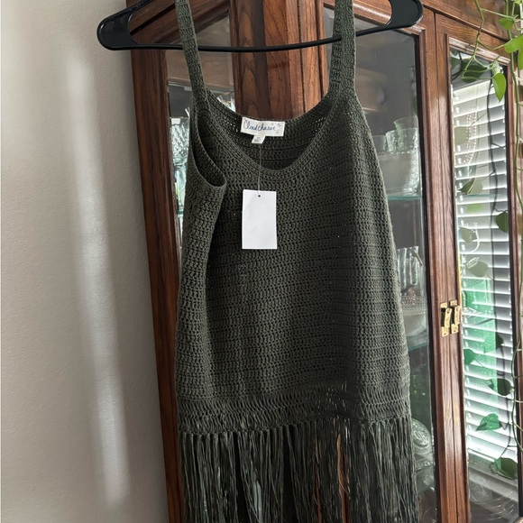 Women's Floral Olive Sheer Crochet Crop Top with Fringe Hem
